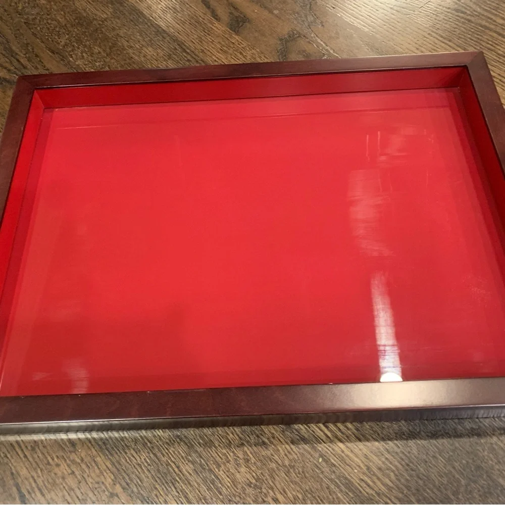 Crate & Barrel Wood and Red Decorative Tray